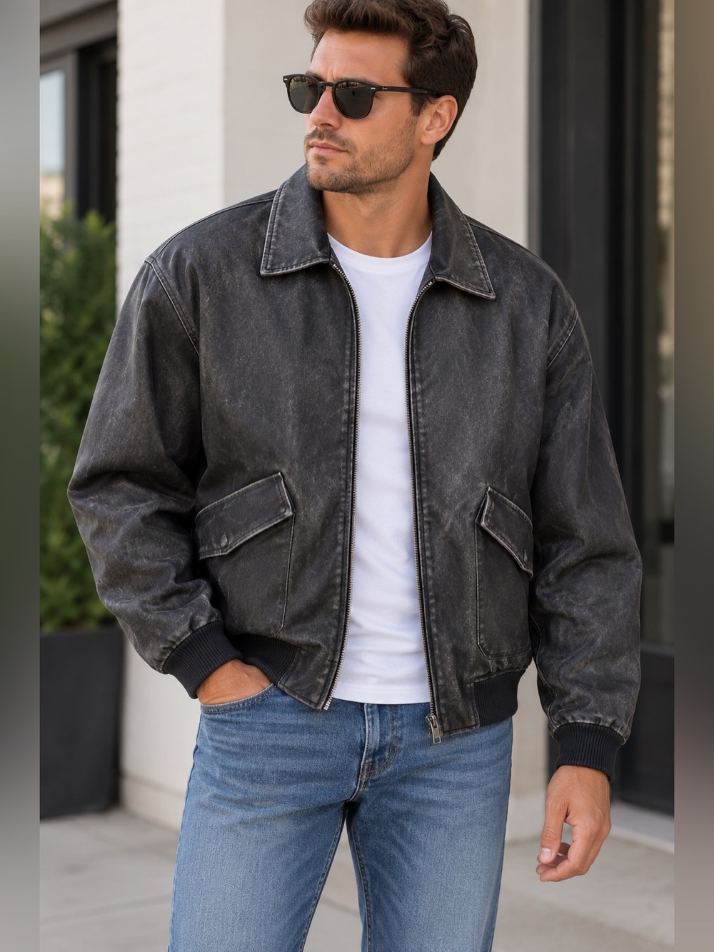 Wild Fable Men’s XL Black Faux Leather Bomber Jacket Distressed NWT